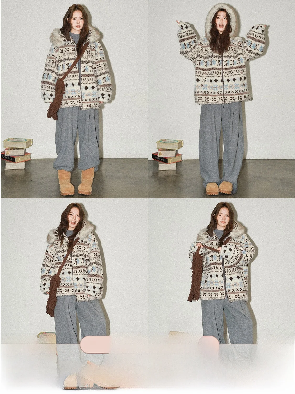 

JINGU Sea Salt a Themed Jaet Detachable Fur Collar Fair Isle Patterned Women's Coat Vintage Sle Long Sve Zipper Cl...