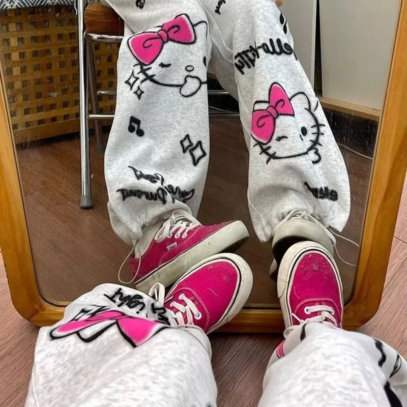 Y2k New Hello Kitty Grey Streetwear Sweatpants for Women\'s Spring and Autumn Graffiti Sports Straight Tube Loose Wide Leg Pants