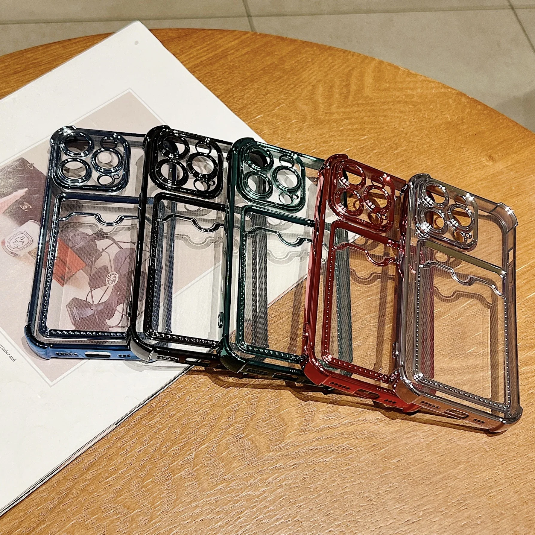 Luxury Plating Transparent Wallet Card Holder Phone Case For iPhone 15 14 13 12 11 Pro Max Plus Card Slot Shockproof Soft Cover