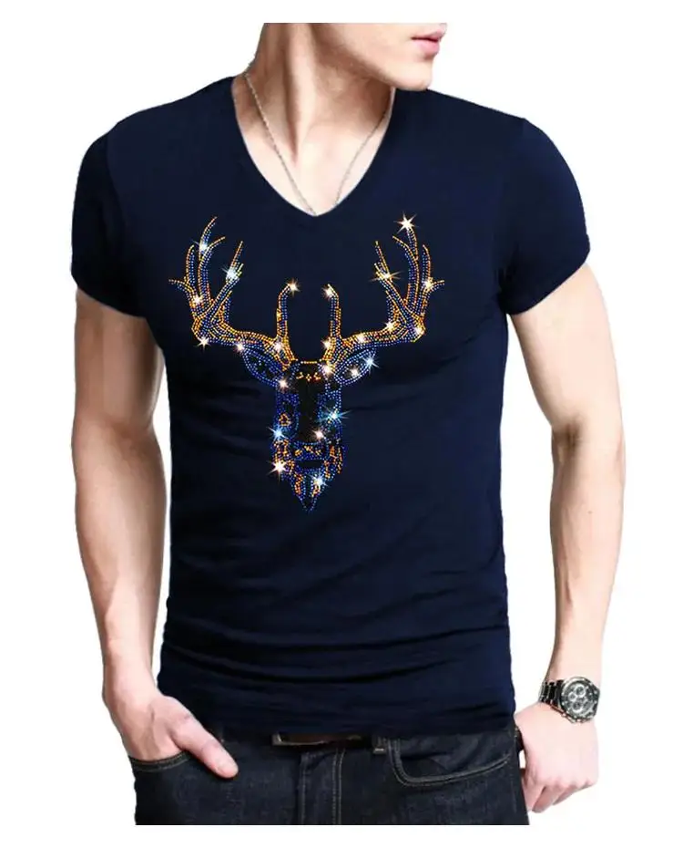 

2024 Summer Men Black T-shirt Hip Hop Man Elk deer diamond T Shirts Fashion Streetwear rhinestone Man T-shirt