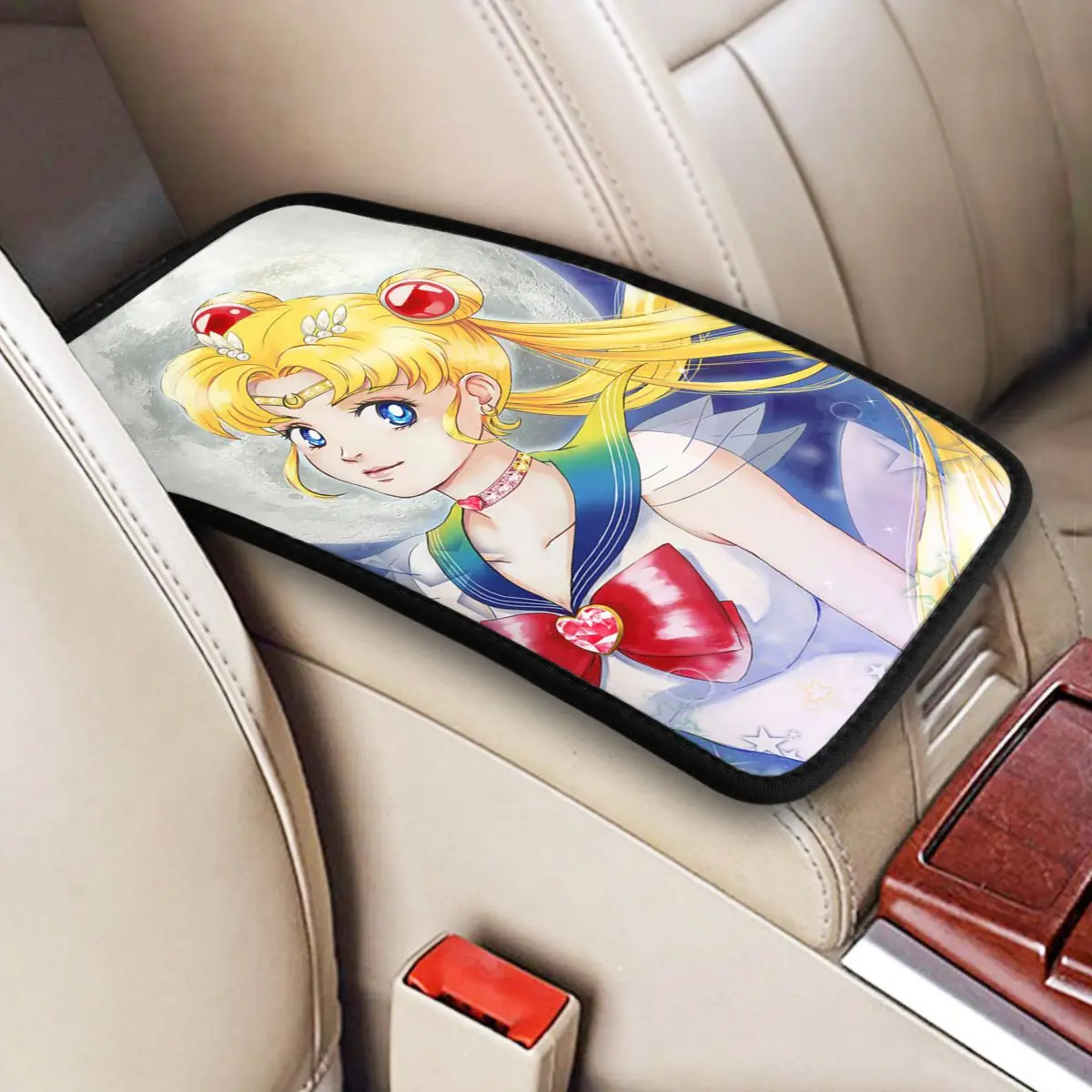 Moon Girl Center Handle Box Pad Cushion for Cars Anime Manga Auto Accessories Interior Breathable Armrest Cover Mat