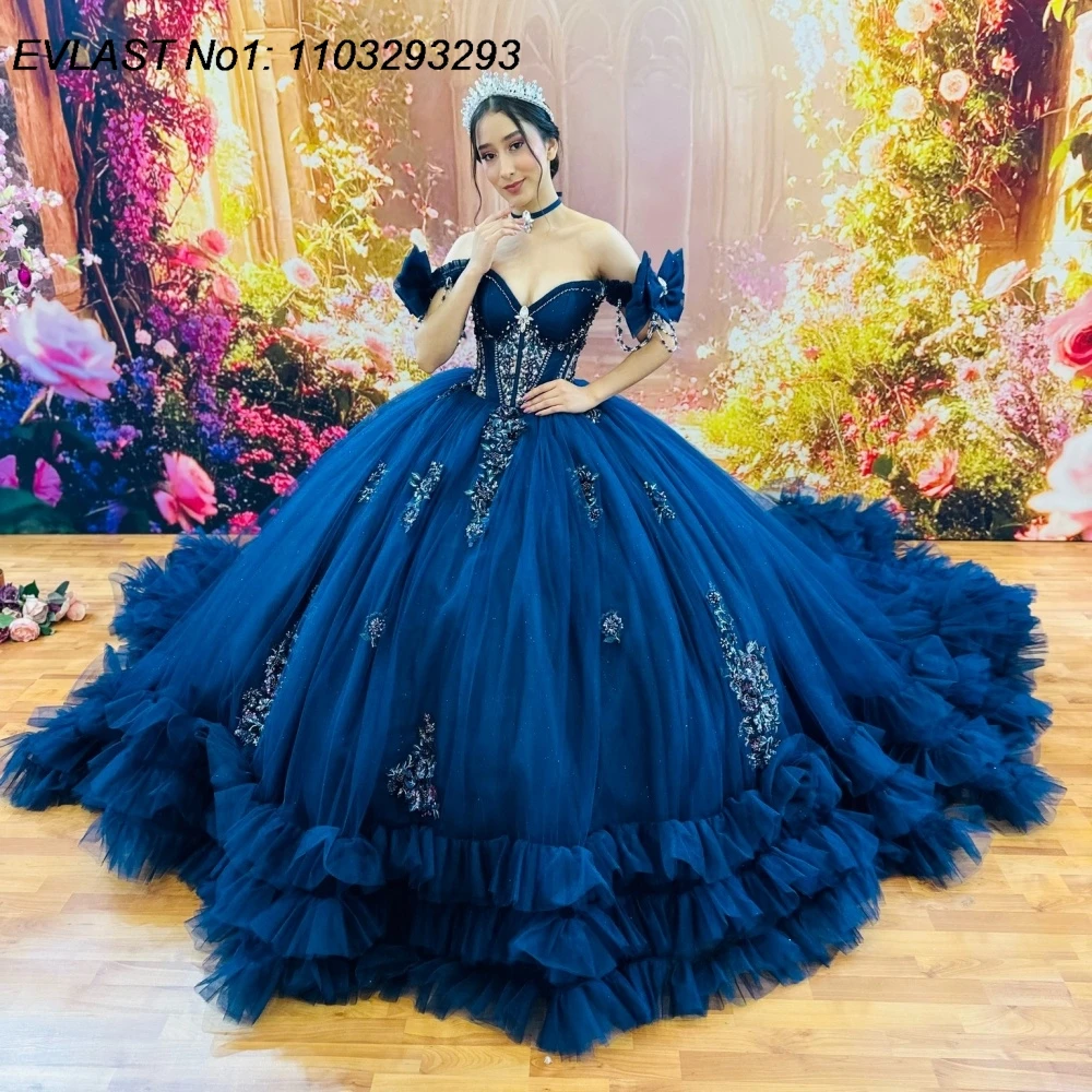 

EVLAST Customized Princess Navy Blue Quinceanera Dress Ball Gown Applique Beading Tiered Sweet 16 Vestidos De 15 Anos E1QN700