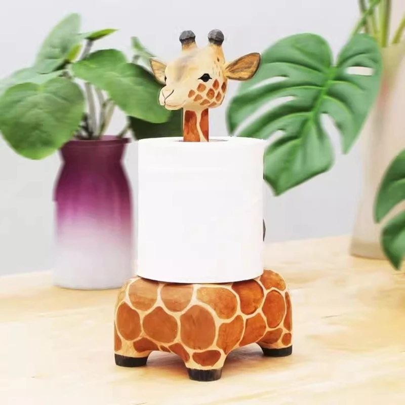 

Hand-carved wooden giraffe/deer tabletop toilet paper holder Wood carving roll dispenser storage decoration