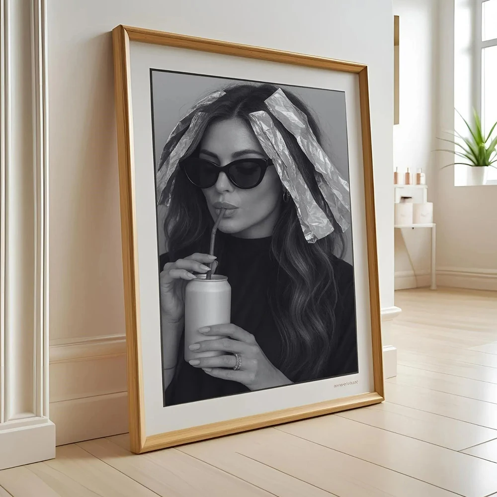 

Black White Salon Beauty Room Wall Art Woman With Foils Drinking Soda Canvas Painting Pictures Poster For Living Room Home Decor
