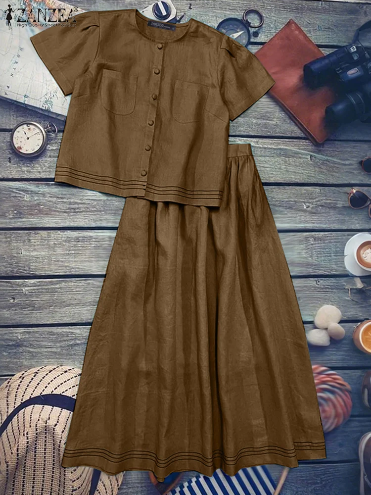 

ZANZEA, однотонные комплекты, женские винтажные топы с короткими рукавами, длинные юбки, элегантная офисная рабочая одежда, 2025 г., повседневные костюмы, одинаковые комплекты