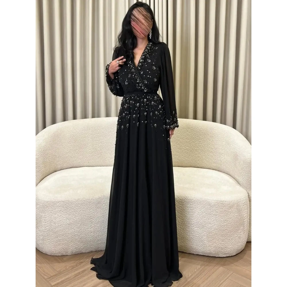 Black Evening Dresses V Neck Long Sleeves Beadings Chiffon A Line Floor Length Formal Party Dress Prom Gown Customized
