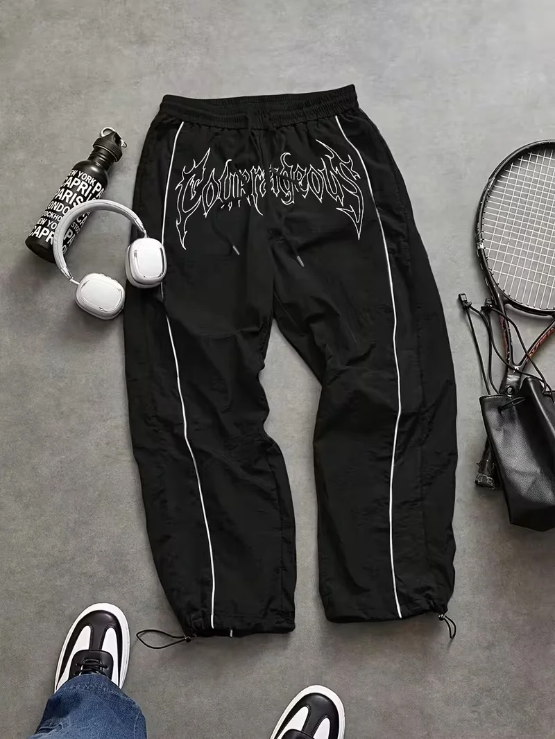 Men's Y2K Letter Graphic Baggy Pants Color Block Drawstring Punk Pants with Pockets
