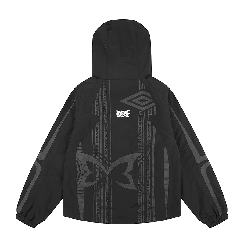 Men Women Techwear Styles Hooded Jacket Black Windbreaker Dark Street Style Geometric Print Zip Up Loose Mertra Outerwear