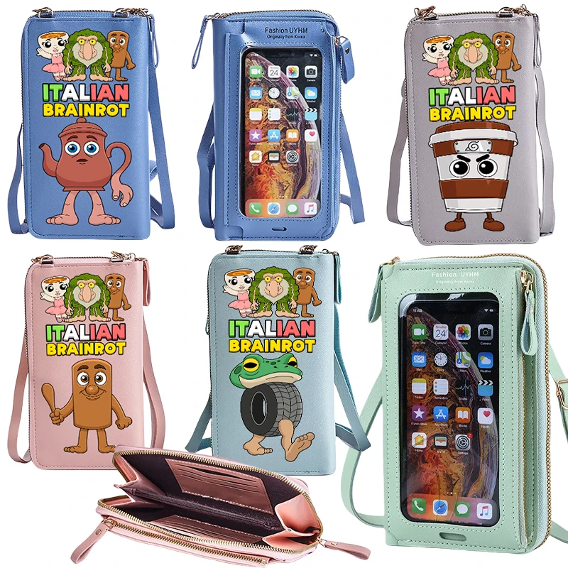 

Italian Brainrot Wallet Phone Pouch Multifunctional Cartoon Crossbody Shoulder Strap Handbag Transparent Messenger Card Wallet