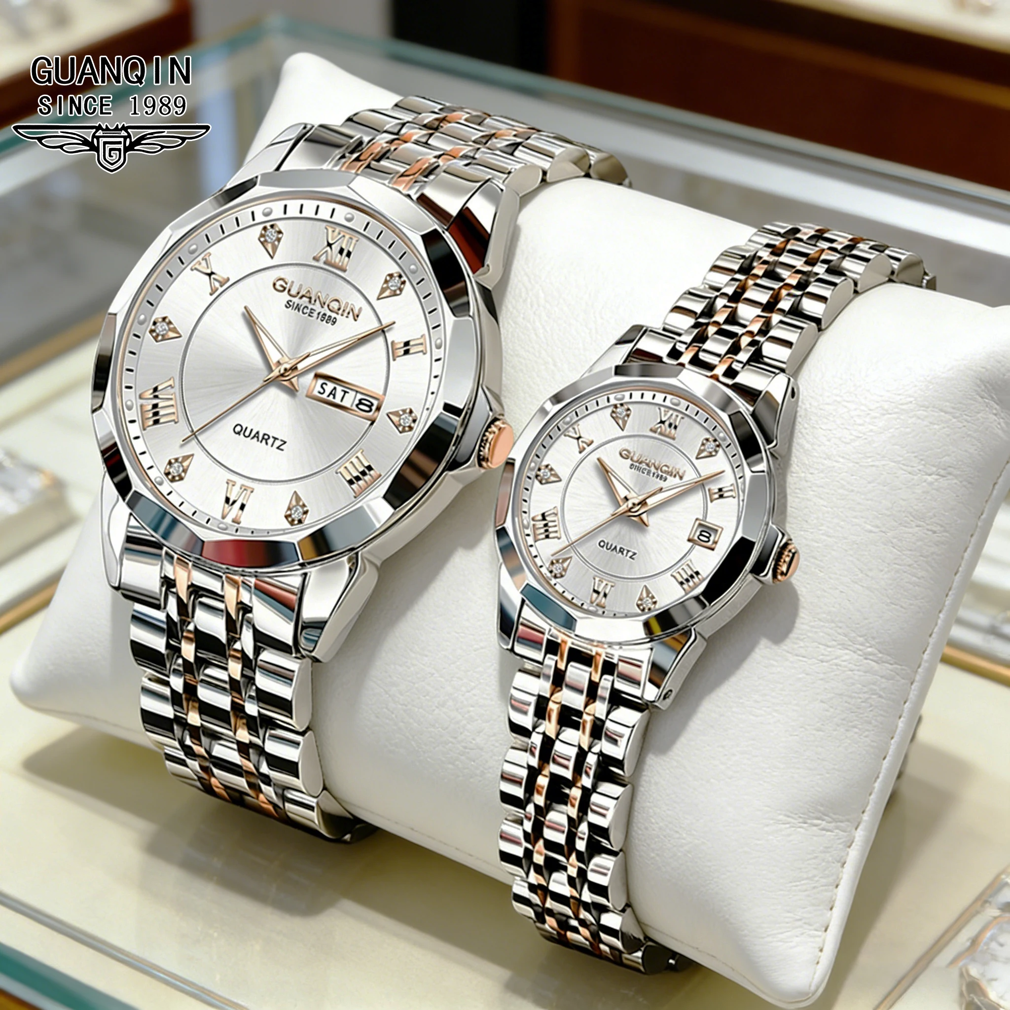 GUANQIN Couple Watches Luxury Fashion Stainless Steel Strap Original Quartz Wristwatch for Lover Waterproof Luminous Calendar