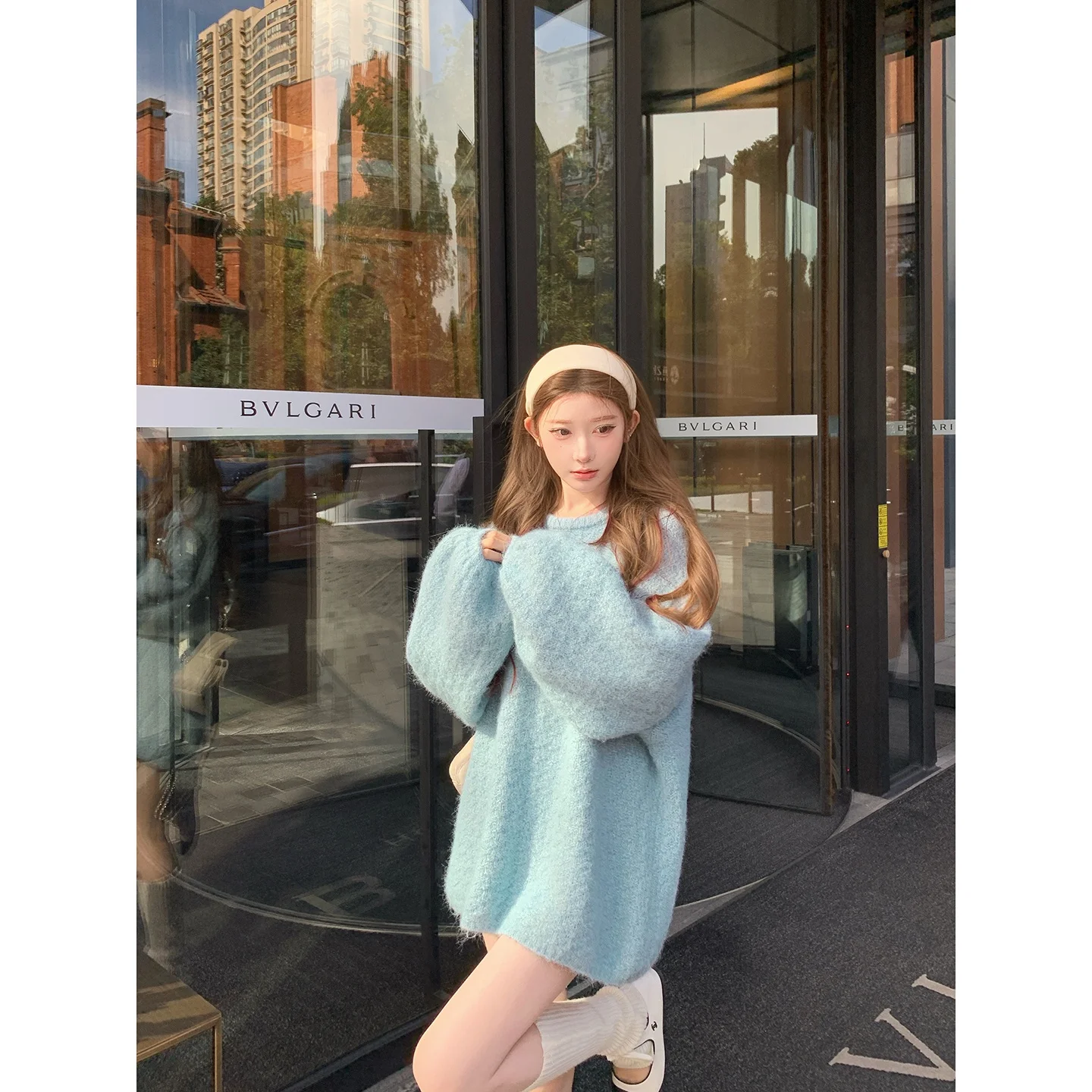 

Loose Blue Knitted Sweater Women's Autumn Winter Thiened Lantern Sve Comfortable Soft Faionable Warm round Ne Top