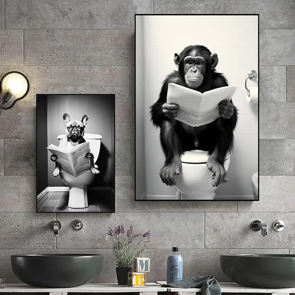 Funny Toilet Animals Bulldog Highland Cow Monkey Reading Newspaper Canvas Painting Wall Art  Home Farmhouse Decor