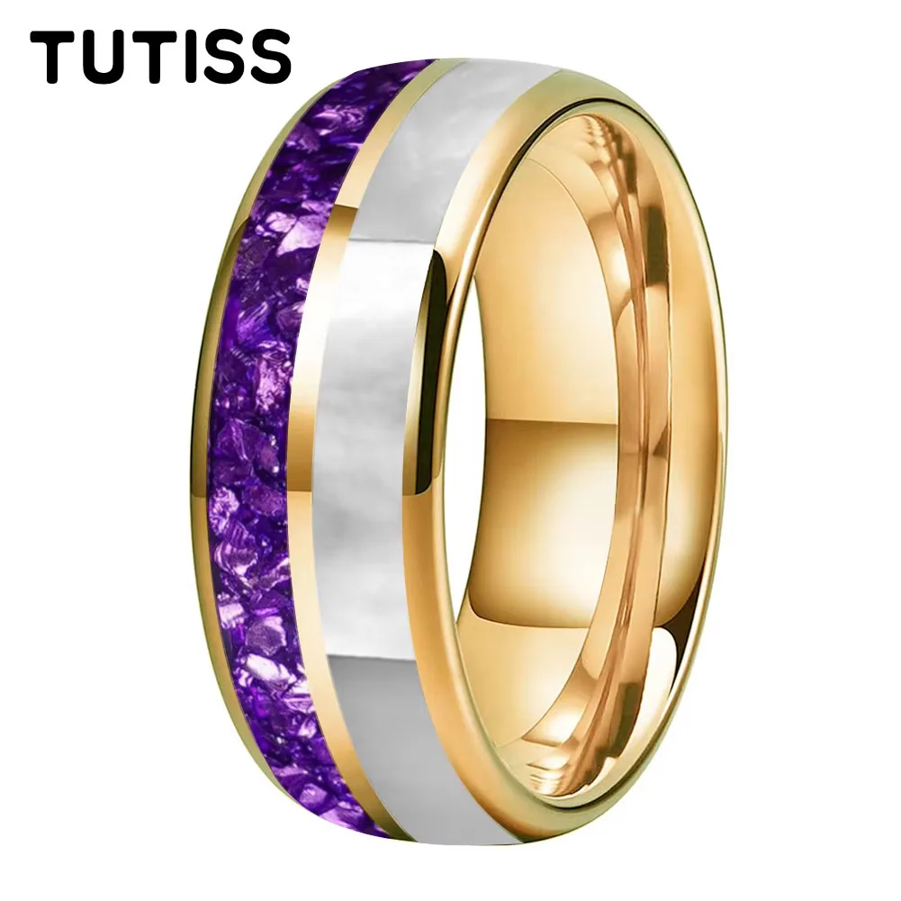 TUTISS 6/8mm Gold Tungsten Carbide Wedding Ring, Purple Crystal Stone and White Seashell Inlay Accent Durable Comfort Fit