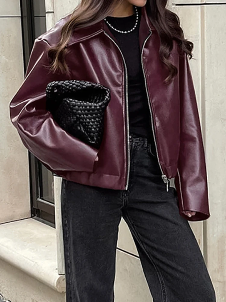 

Autumn Winter Faux Leather Jacket PU Coat Loose Casual Streetwear Female