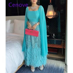 Cenove Blue Fashion A Line Long Length Prom Dress Sequins With Feathers Evening  Summer Elegant Party Dress For Women 2023