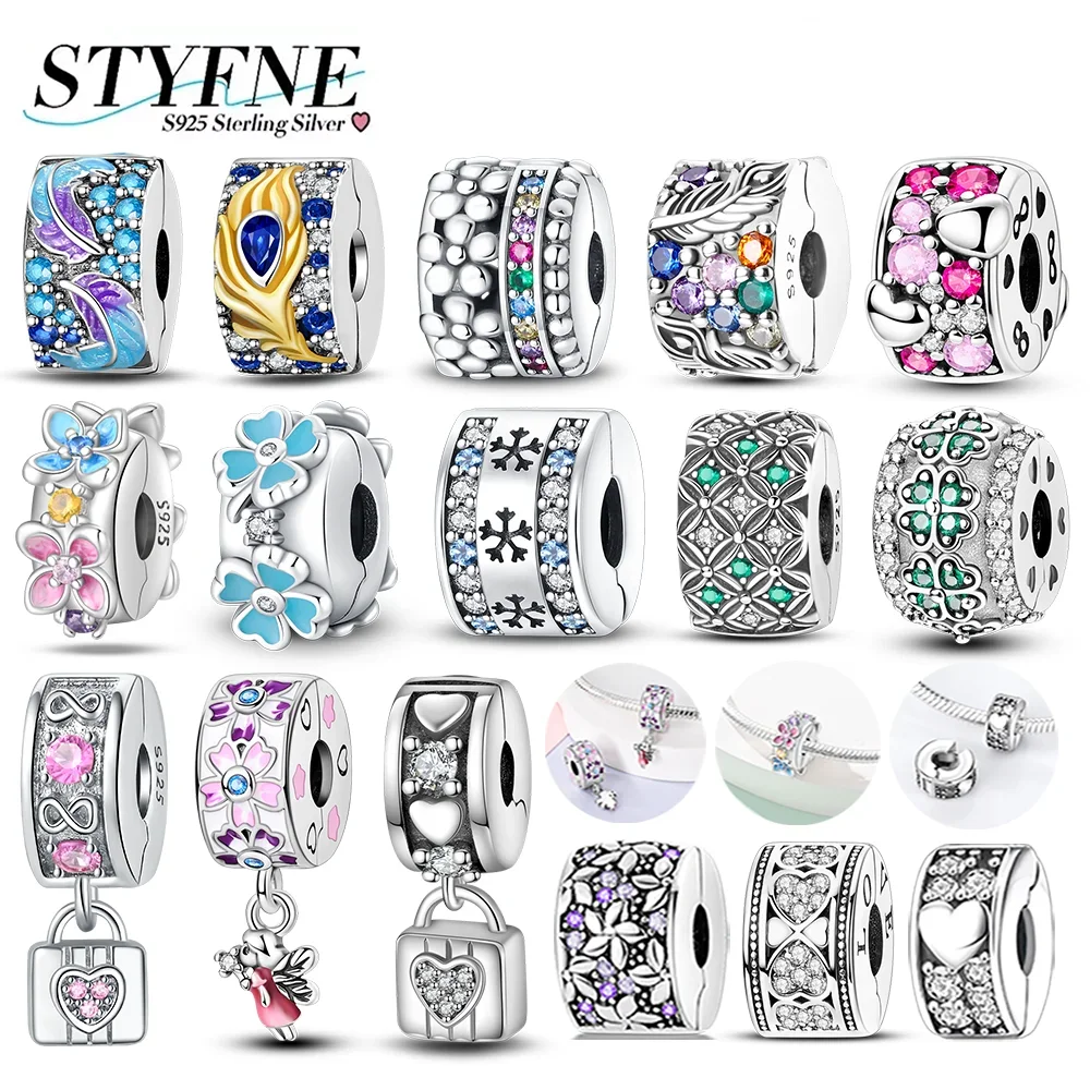 925 Silver Inlaid Zirconium Flowers Four Leaf Clover Feathers Love Box Clip Charms Spacer Beads Fit Bracelet DIY Jewelry Marking