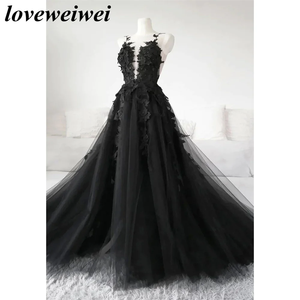 Gothic Black Prom Dresses Sexy Backless High Side Split A-line Evening Dress Appliques Lace Formal Party Gowns Robe De Soirée