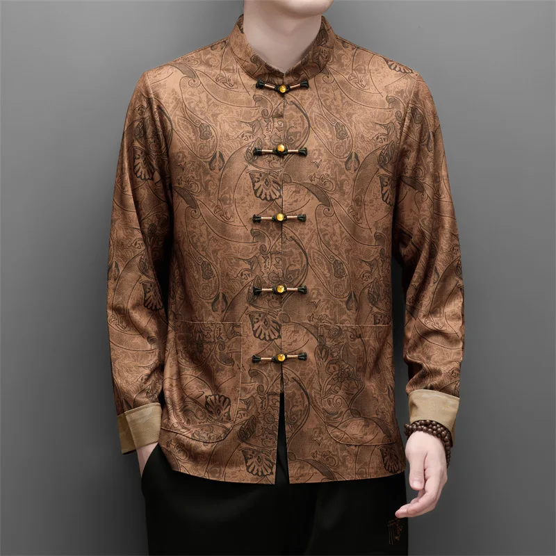 Print Tang Costume Shirts For Men Forg Button Long Sleeve Pockets Autumn Quality Softness Breathable Exquisite Camisas De Hombre