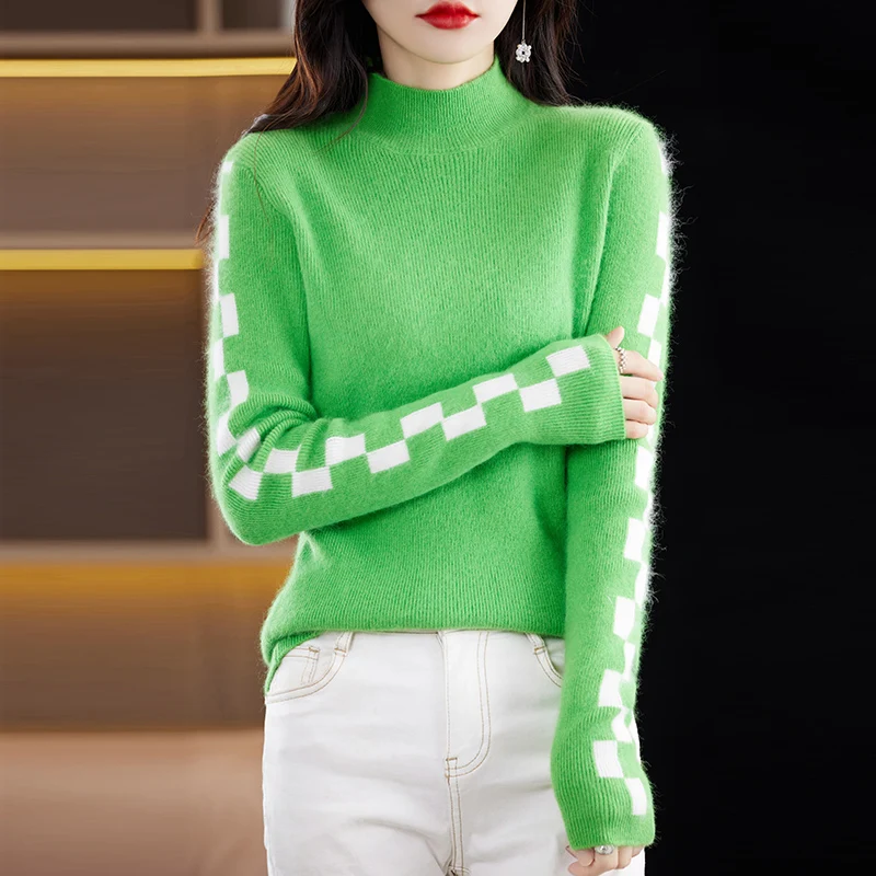 Fall/Winter  new women's color matching slim half-neck fashion sweater 100% mink velvet knit pullover top