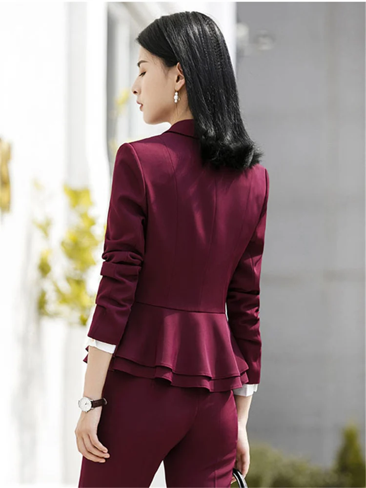 Autumn Office Lady Top Blazers Solid Long Sleeves Coat Cardigan Button Casual Suit Navy Blue Draped Slim Women Wine Red