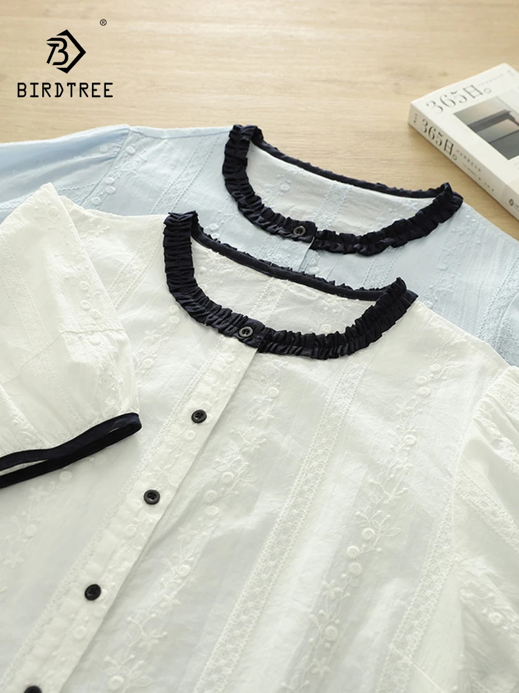 

New 2025 Summer Cotton Short Sleeve Shirt, Women O Neck Embroidery, Mori Girl French Versatile Commute Loose Blouse T56619CC
