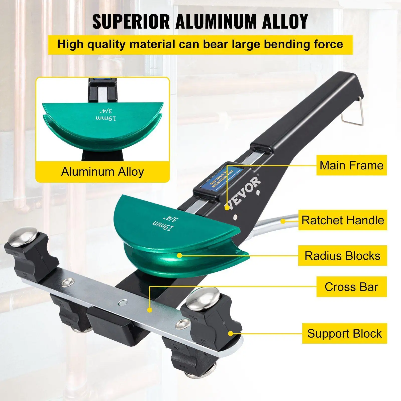 7-موت ثني الأنابيب 90 ° طقم سبائك ألومنيوم عكسي 1/4 بوصة - 7-8 بوصة 6-22 مم مع قوالب ملونة مدمجة للنحاس والألومنيوم #5