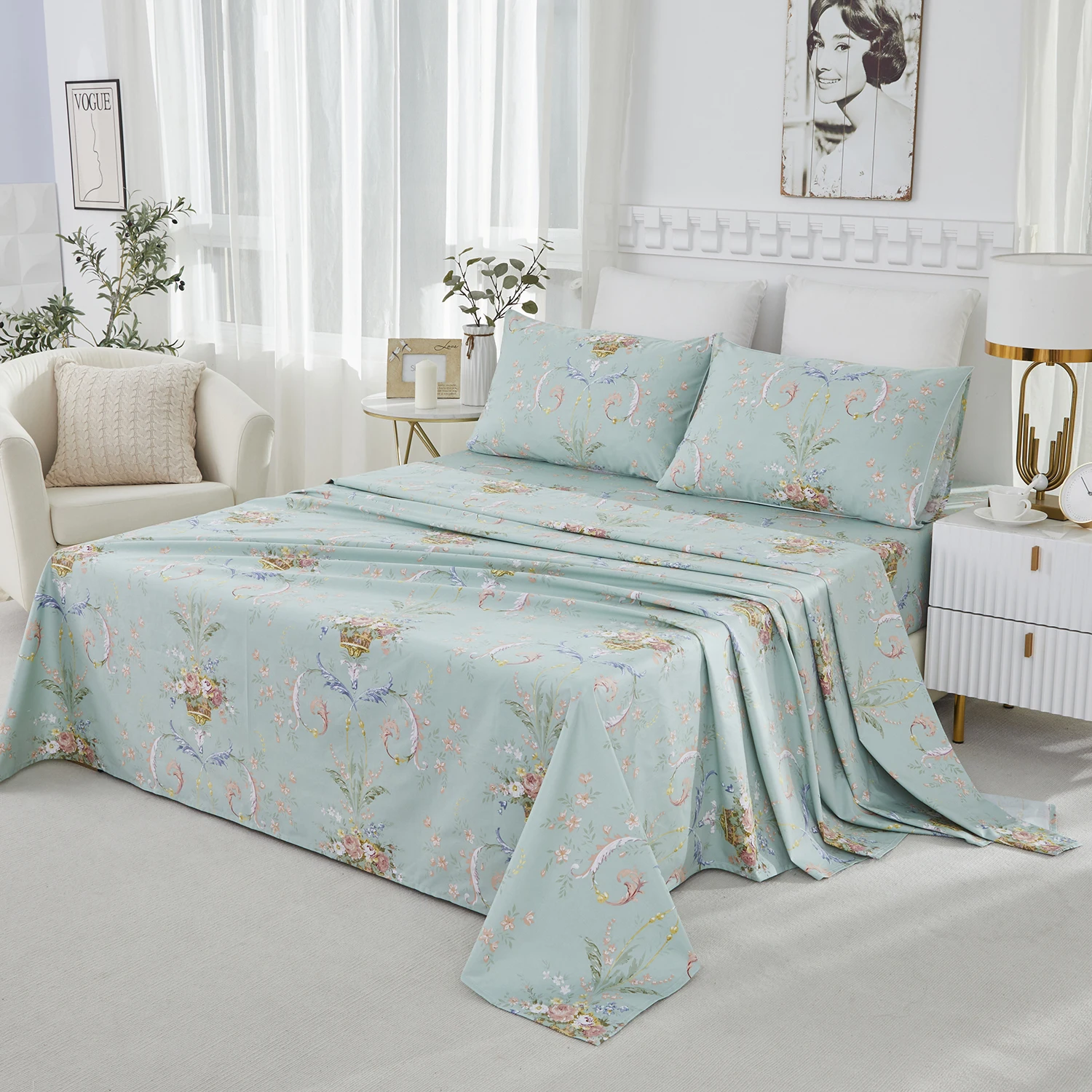 4pcs 600 TC 100% Eygptian Cotton Fitted Sheet Set (Without Core), The Art of Floral Luxury Shabby Chic, Soft & Skin-friendly