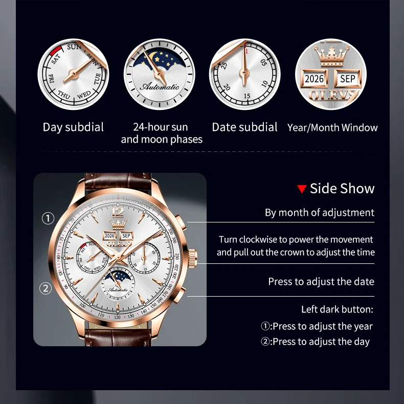 OLEVS 7128 Moon Phase Man Watch Fashion Leather Strap Perpetual Calendar Water Proof Luminous Luxury Automatic Mechanical Watch view 6