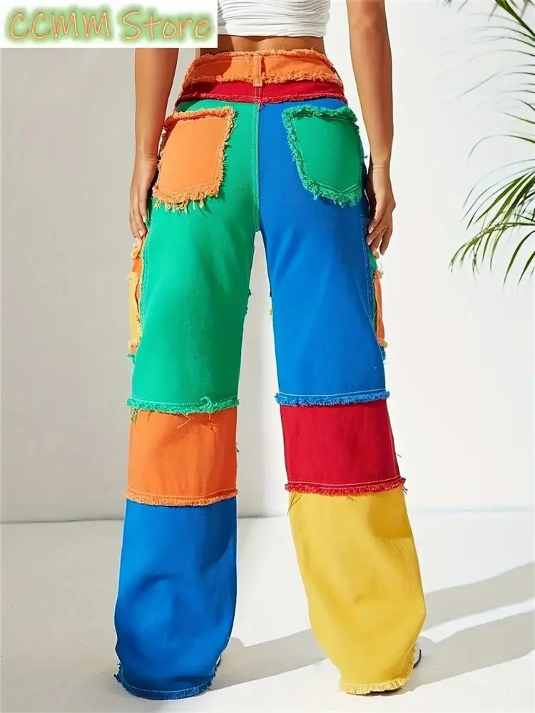 Women's Multiple Color Stitching Burrs Straight Jeans Cool Girl High Waisted Streetwear Fashion Pants Female Denim Trouser