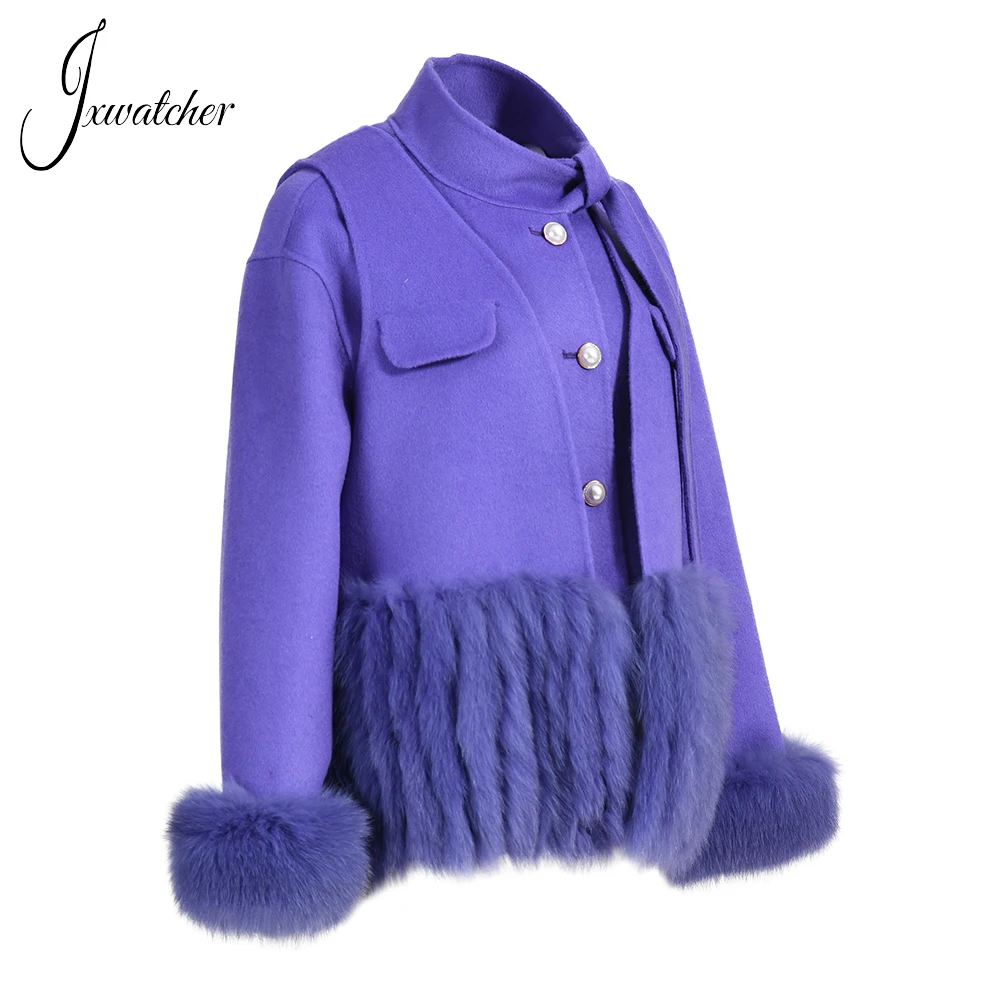 Jxwatcher Women's Cashmere Coat 2022 Autumn Winter New Style Real Fox Fur Vest Two Piece Set Ladies Pearl buttons Jacket Fashion