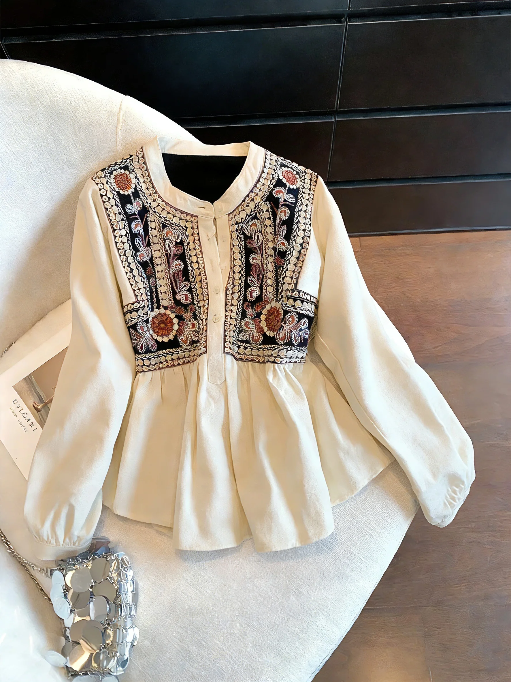 

Женская свободная повседневная блузка с круглым вырезом и принтом, с рукавами-фонариками, в французском стиле, весна-осень, универсальная, в этническом стиле