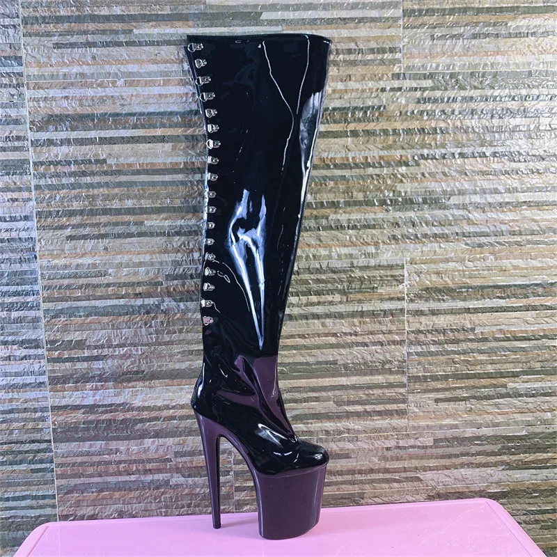 20 CM High Stripper Heeled Patent Leather Lace Up Thick Platform 8 Inches Over The Knee Women Boots Nightclub Pole Dancing Shoes