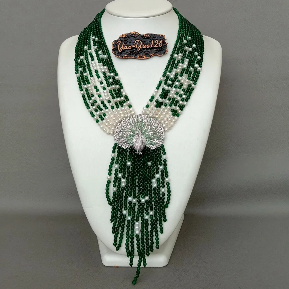

19'' 9 Strands Green Jade Freshwater Cultured White Pearl Necklace CZ Pendant