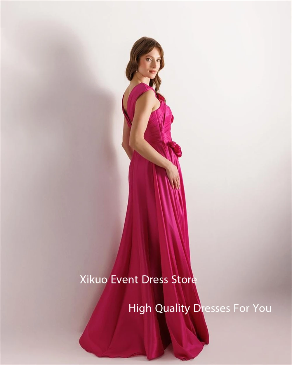 Xikuo eleganti abiti da ballo in raso fucsia sirena fiori 3D abiti para eventi abiti da sera da cocktail con spalle scoperte personalizzati