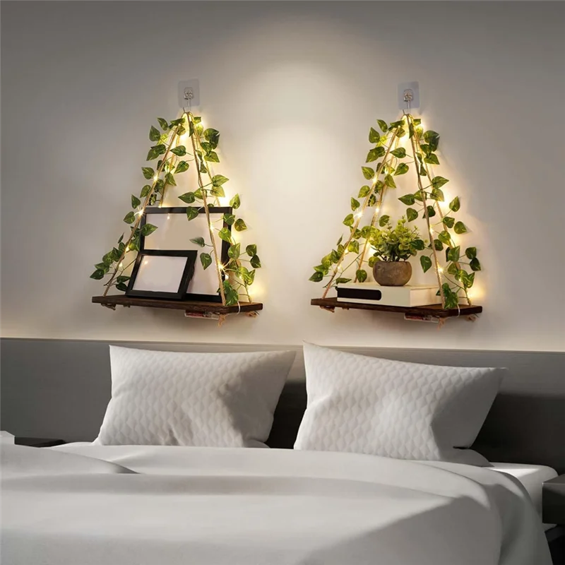 

ABPR-Floating Shelves For Wall No Drilling,Wall Dcorations Art,Hanging Shelf,Leaves And Light Strip For Home 2Pack