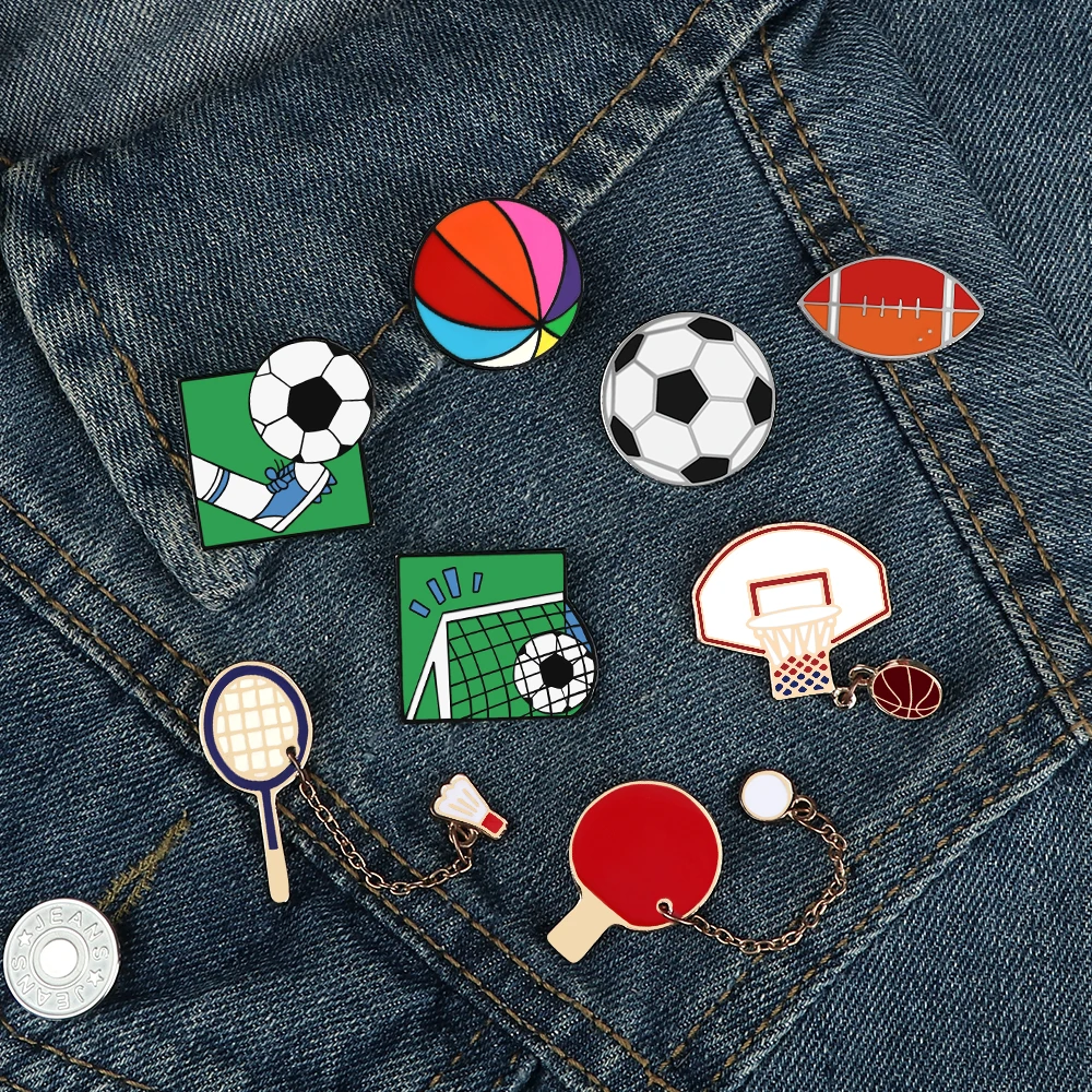 Fashion Sports Ball Lapel Pin Cartoon Football Basketball Volleyball Badminton Brooches for Women Men Kids Clothes Badge Jewelry