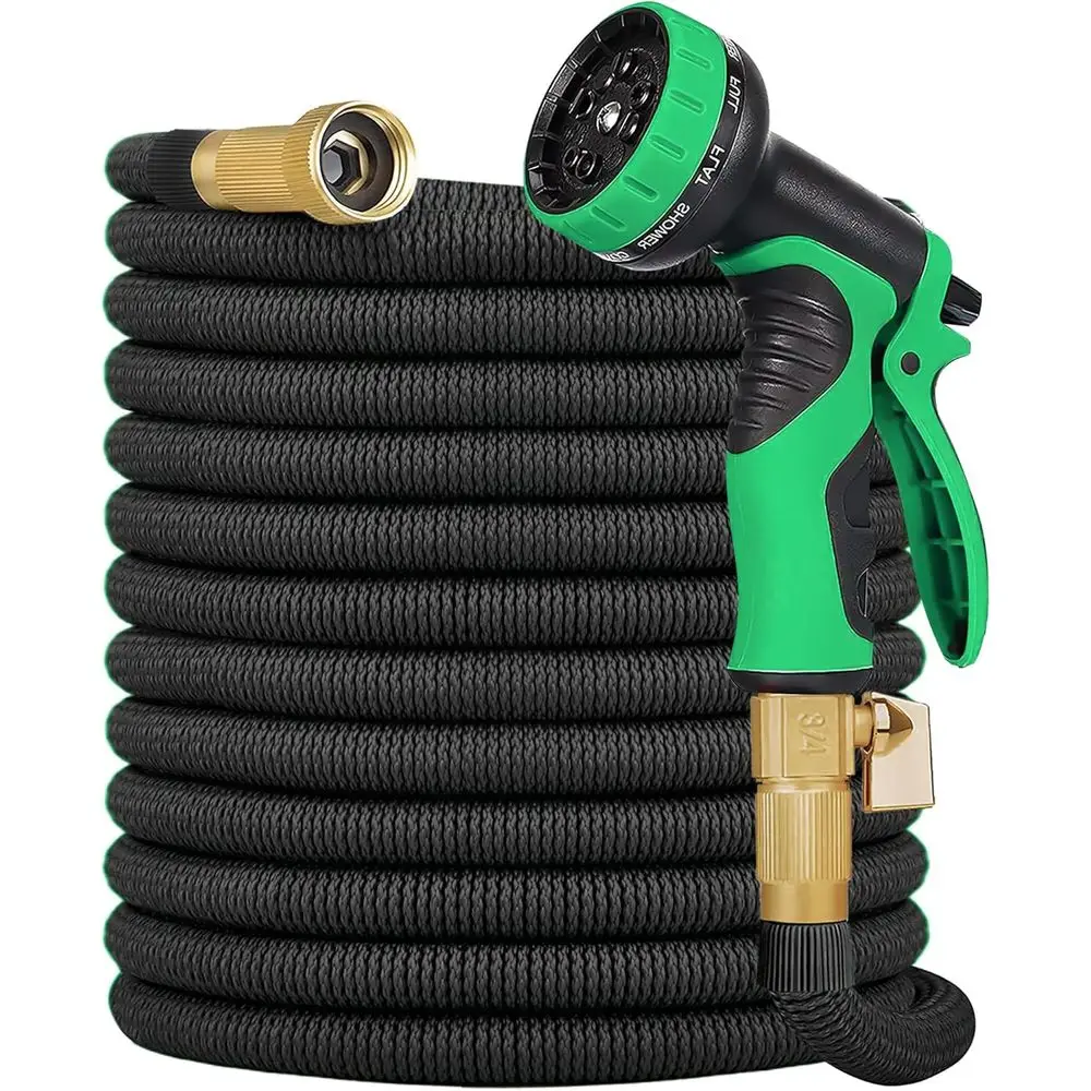 Expandable Garden Hose with 10-Function Spray Nozzle, 3/4 Brass Fittings, Retractable Latex Core
