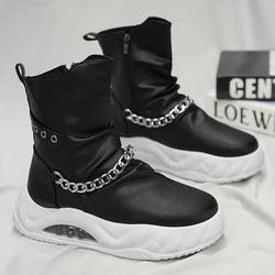 Men Platform Boots Chain Decoration Outdoor Comfortable Sneakers Versatile High Top Shoes Lace Up Casual Black Shoe Male 39-44