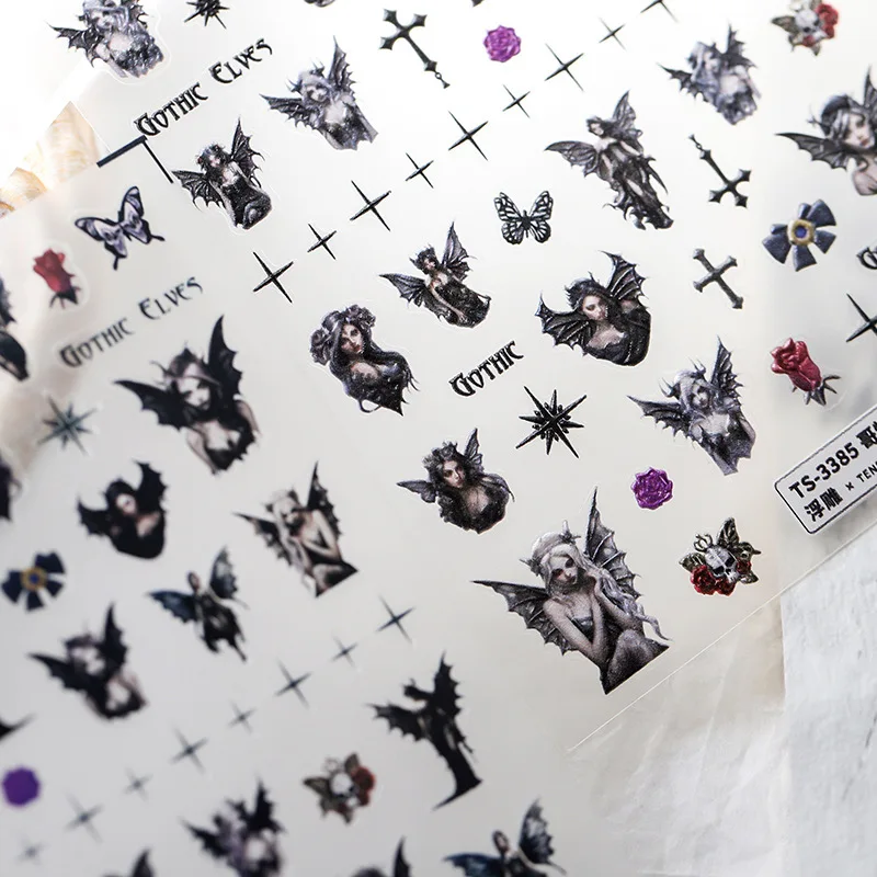 5D Realistic Relief Retro Gothic Elves Cross Asterism Butterfly Adhesive Nail Art Stickers Decals Manicure Embossed Ornaments