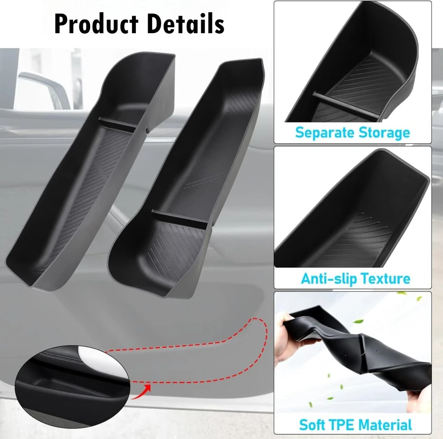 2PCS Front Door Side Storage Box Trays For Tesla Model X 2023 2024 TPE Recessed & Washable Door Slot Pocket Door Side Organizer