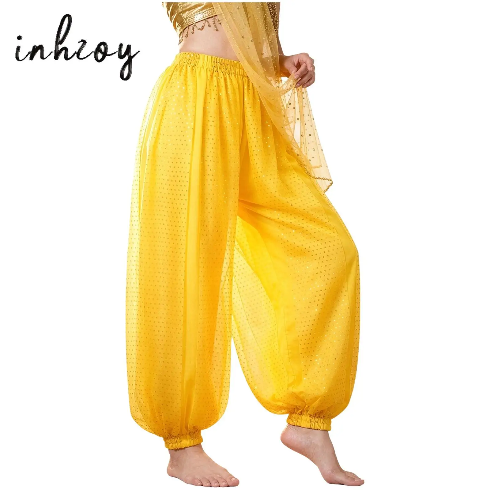Women Belly Dance Sparkly Bloomers Pants Indian Dance Pants Sequined Mesh Layer Elastic Waist Jogging Pants for Stage Dancewear
