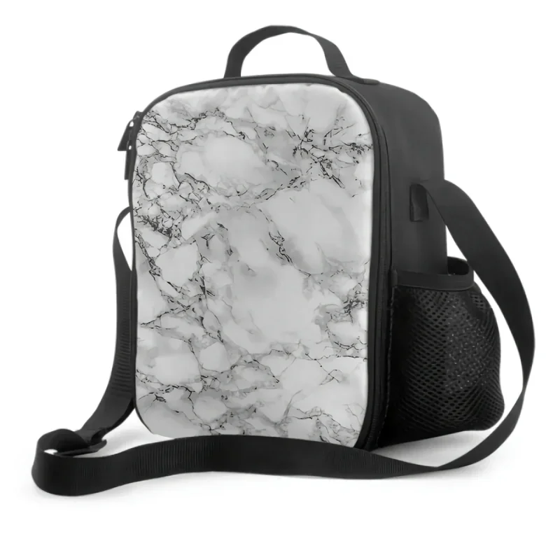 

White Marble Print With Black Texture Thermal Lunch Bag for Kids Boys Girls Washable Tote Lunch Container for Work School Travel