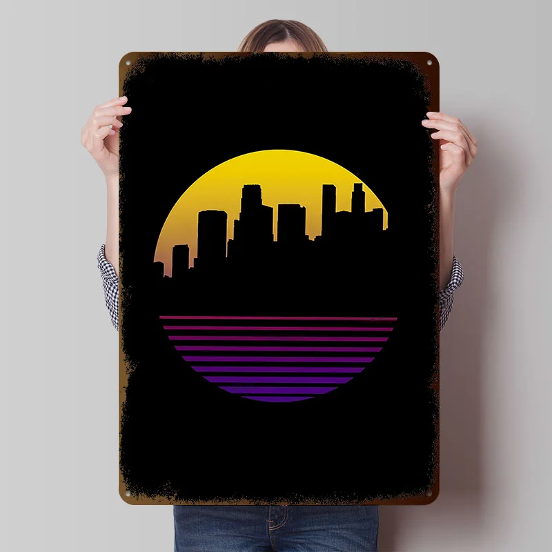 Retro Stadtlandschaft Sonnenuntergang Metallposter Maßgefertigte Wandkunst Retro Vintage Blechschilder für Spielzimmer-Dekoration Zuhause Wand-Deko