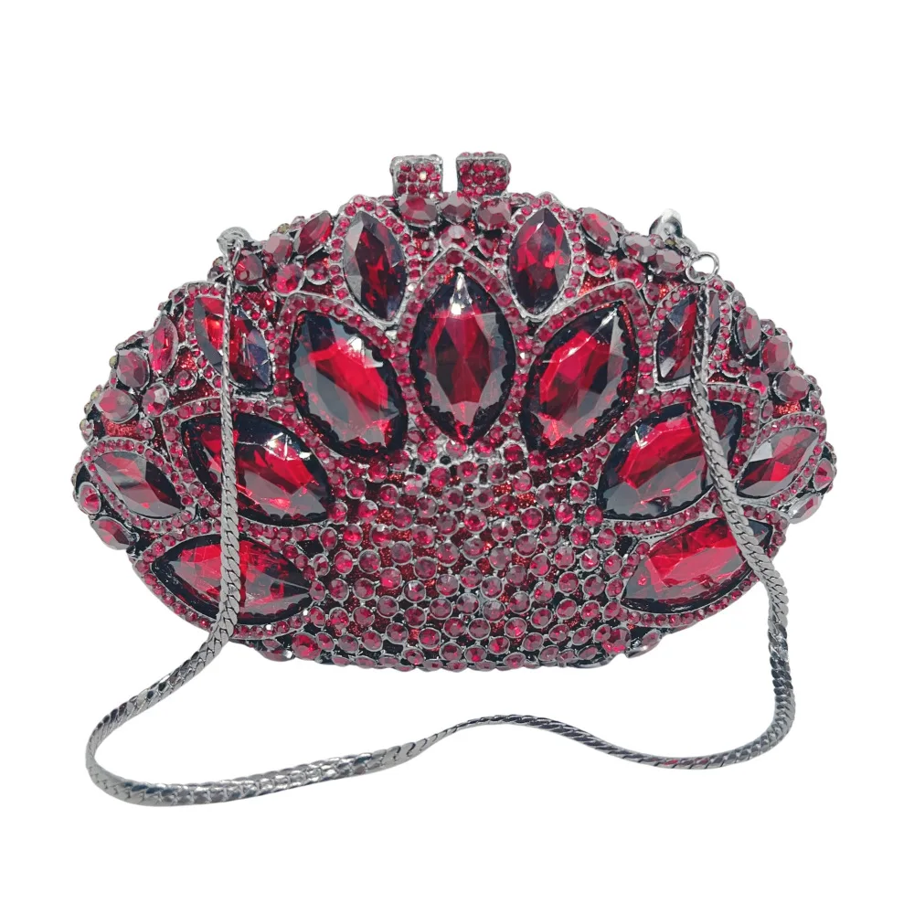 Wine Red Crystal Clutch Oval Hard Shell Teardrop Round Rhinestone Petal Pattern Metal Clasp For Weddings And Gala Events