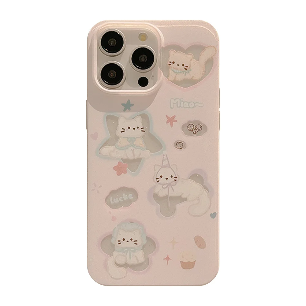 Cartoon pink cat glitter silicone soft phone case for iphone 11 12 promax 13 14 15 pro max plus stars lucky cover