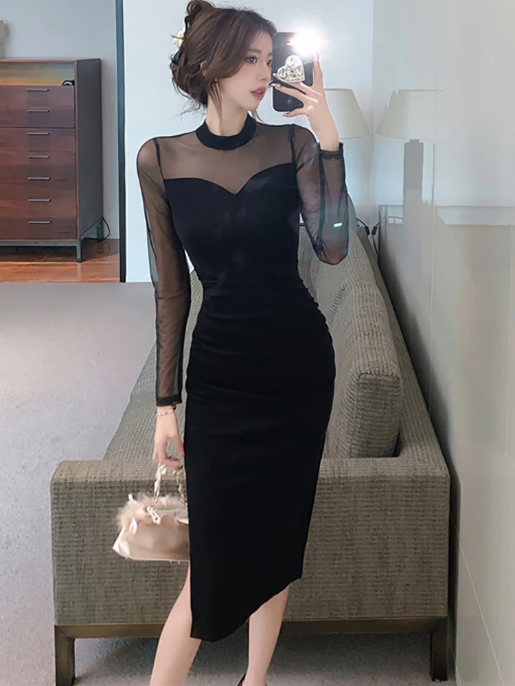 Black Patchowrk Mesh Sheer Sexy Club Dress for Women Autumn Winter Elegant Slit Dress 2024 Korean Vintage Hepburn Evening Dress