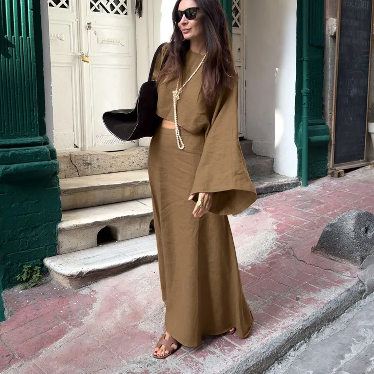 Loose Fit Pure Color Top High Waist Midi Skirt Two Piece Set Faion Temperament Women's Autumn Wear Casual Comfortable Sle