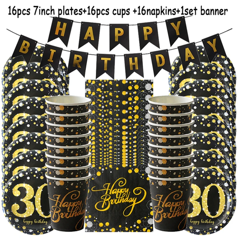 

Cyuan Disposable Tableware Sets Adult 30 40 50 60 Birthday Party Decoration Black Gold Color Sets Happy Birthday Party Decor