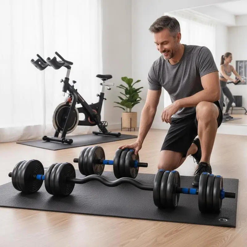 Kit d'haltères 3 en 1 bleu réglable jusqu'à 25 kg avec barre d'extension. Barres d'haltères convertibles, barre droite et barre EZ curl, poignées antidérapantes, plaques en plastique silencieuses, compactes pour la musculation à domicile tous niveaux.