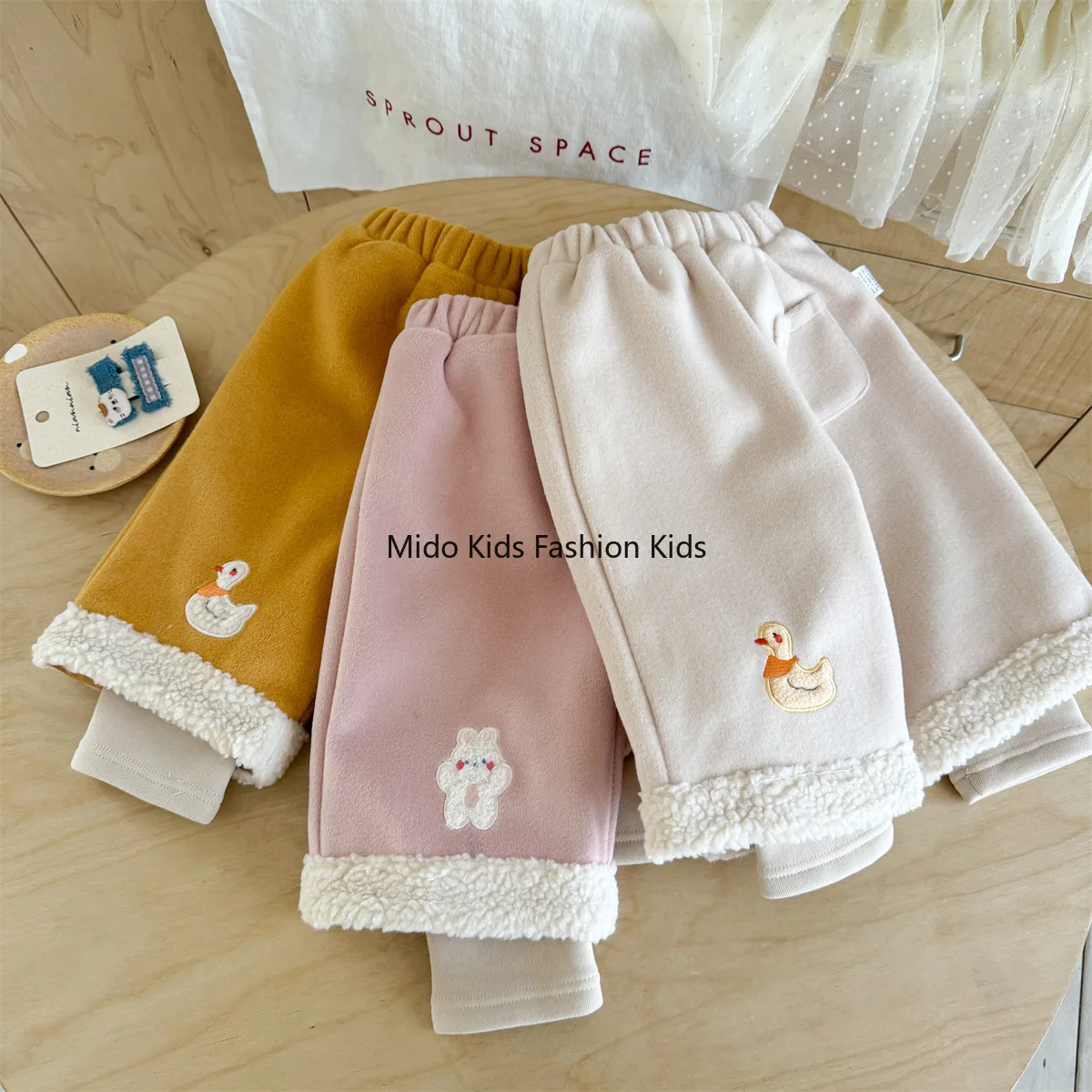 Korean Style Winter 2-10Y Girls Pants Thick Fleece Lined Casual Trousers Baby Duck Print 90-140cm